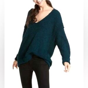 Free People Sweater Lofty Boucle Oversized Tunic Teal Deep V Alpaca Size Small